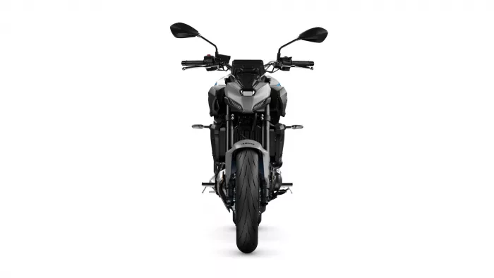 Front view of a gray and black sport motorcycle facing the camera with mirrors and handlebars visible on a white background (Yamaha branding on the front).