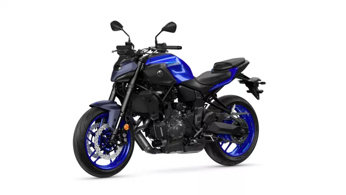 Blue Yamaha MT-07 sport motorcycle viewed from a front-left side angle on a white background.