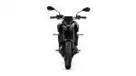 Front view of a black sport motorcycle facing the camera, with angular bodywork and wide handlebars; Yamaha badge on the front fender.