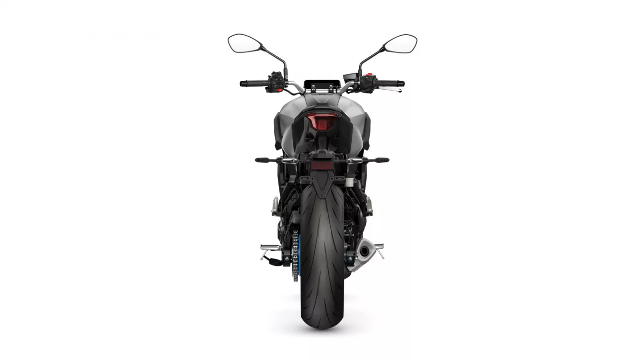 Rear view of a gray sport motorcycle with a red taillight and wide rear tire.