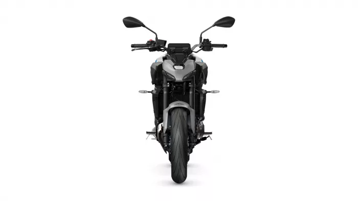 Front view of a gray and black Yamaha sport motorcycle with handlebars and mirrors visible against a white background.