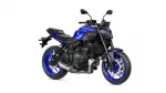 Blue Yamaha MT-07 sport motorcycle shown from a left-rear side angle with exposed engine and blue rims