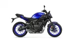 Blue Yamaha MT-07 sport motorcycle shown from the left side, blue rims and black frame