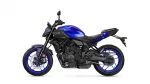 Side view of a blue Yamaha MT-07 sport motorcycle with black frame and blue rims, shown against a white background.