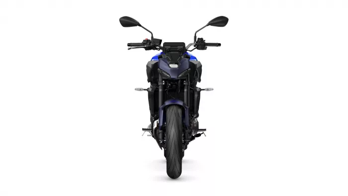 Front view of a blue sport motorcycle facing the camera, with headlights, mirrors, and the front wheel visible.