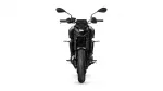 Front view of a black Yamaha sport motorcycle with handlebars, mirrors, and large front tire against a white background.