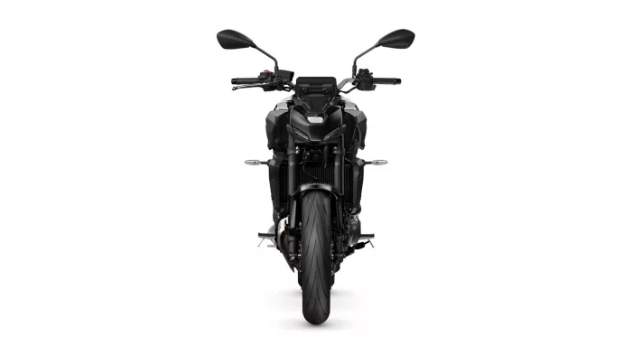 Front view of a black Yamaha sport motorcycle with handlebars, mirrors, and large front tire against a white background.