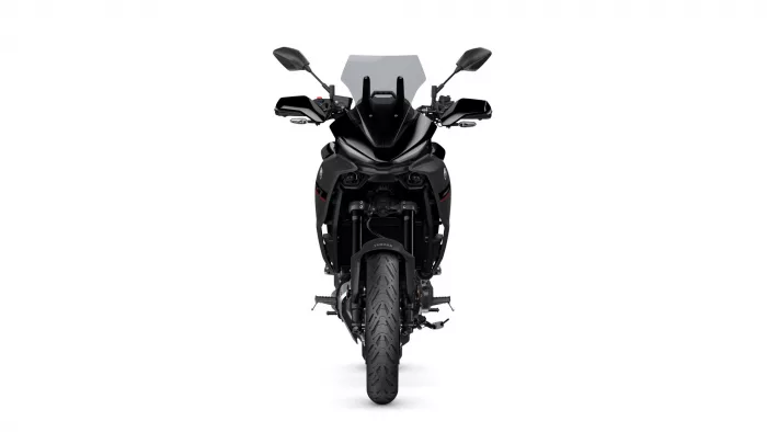 Front view of a black Yamaha sport motorcycle with windshield, mirrors, and chunky front tire.