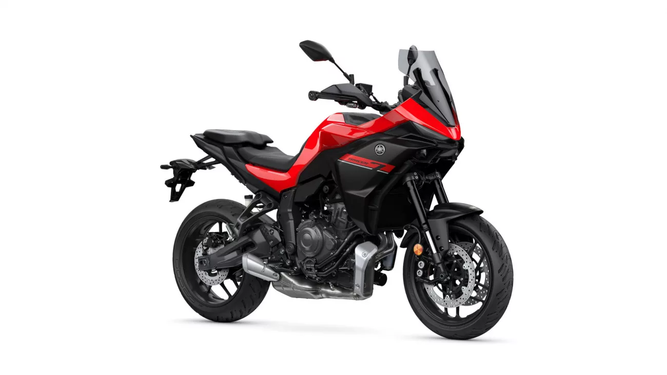 Red and black Yamaha sport-touring motorcycle, angled front-right view showing windscreen and fairing