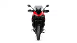 Front view of a red Yamaha sport motorcycle with black trim and windshield, centered on white background.