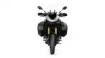 Front-on view of a black sport-touring motorcycle with white fairing and side panniers, facing the camera.