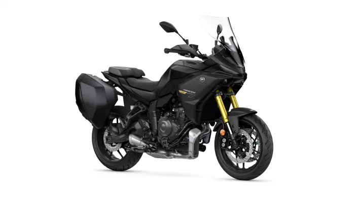 Black Yamaha Tracer GT sport-t touring motorcycle with attached side panniers and a clear windscreen, shown in a right-front angle.
