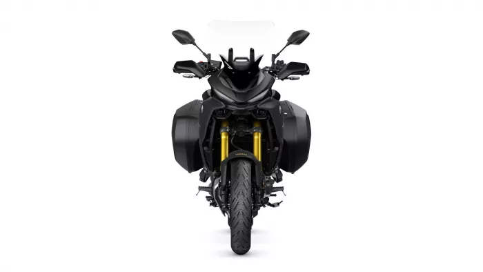 Front view of a black Yamaha adventure motorcycle with side hard cases and a tall windshield.