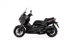 Side view of a dark Yamaha XMAX scooter with windshield and front disc brake, shown against a white background