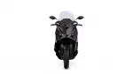 Front view of a black sport motorcycle with a clear windshield and angular headlights against a white background