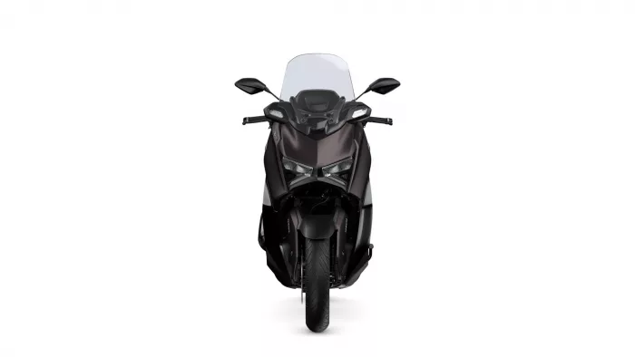 Front view of a black sport motorcycle with a clear windshield and angular headlights against a white background