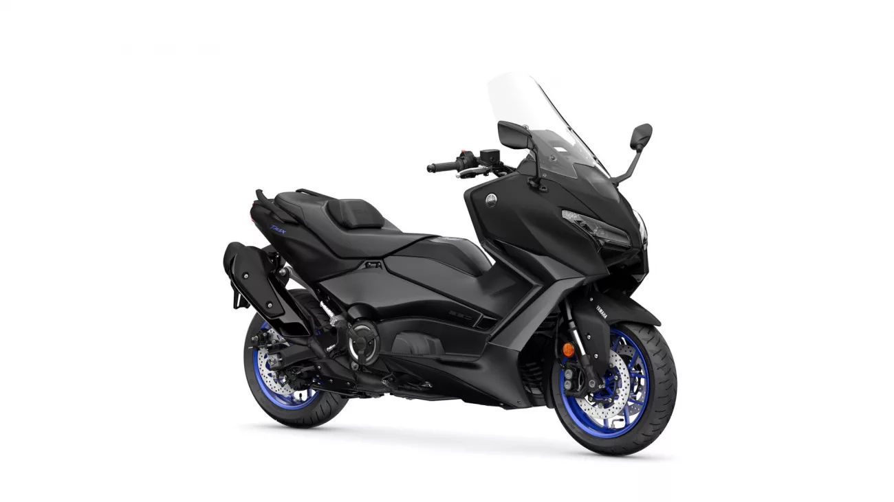 Black Yamaha sport motorcycle shown from the front-right side with a tall clear windshield and blue-accent wheels to emphasize its aggressive styling.