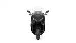 Front view of a black sport motorcycle with a tall windshield and mirrors