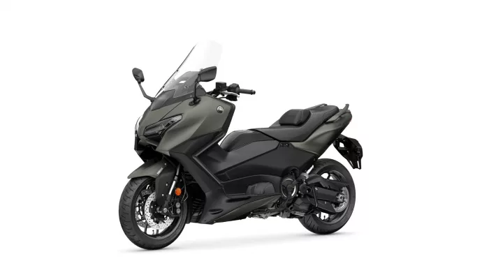 Gray and black Yamaha sport motorcycle shown from a front-left angle with a tall windshield and exposed disc brakes on the front wheel.