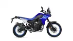 Blue Yamaha Tenere 700 adventure motorcycle shown in right-side profile on white background.
