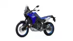 Blue and white Yamaha Tenere 700 adventure motorcycle, partial side view with front wheel, windshield, and rugged tires