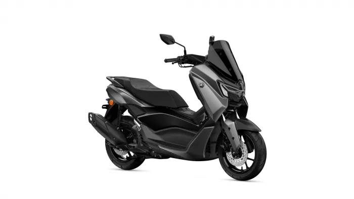 Gray and black Yamaha scooter in a front-right three-quarter view with a tall windscreen and bold front fairing on a white background