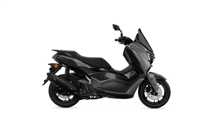 Side view of a matte black Yamaha sport scooter with windscreen and front disc brake.