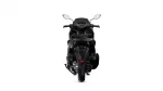Rear view of a black sport motorcycle against a white background, showing taillights, seat, and rear tire.