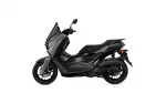 Side view of a black-gray Yamaha scooter, showing its windscreen, front fairing, and large seat from the left side