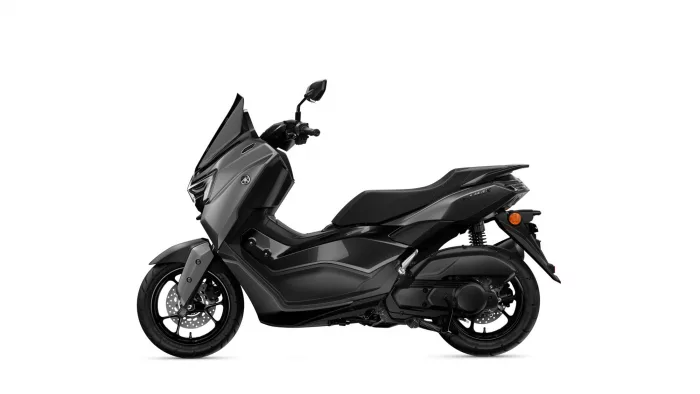 Side view of a black-gray Yamaha scooter, showing its windscreen, front fairing, and large seat from the left side