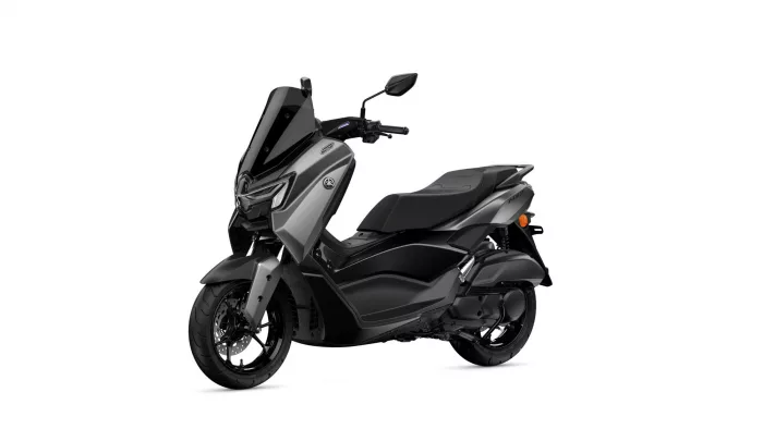 Side view of a dark gray Yamaha scooter with a large front windshield and black seats, shown on a white background.