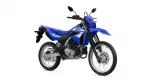 Blue Yamaha dirt bike shown in profile with knobby tires and front suspension visible, image focused on off-road motorcycle styling