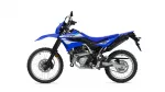 Blue Yamaha dirt bike shown in side view with knobby tires and disc brakes on front wheel.