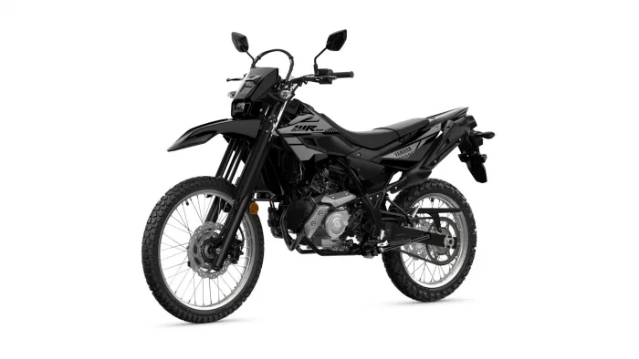 Black Yamaha dual-sport motorcycle, three-quarter front view with knobby off-road tires.