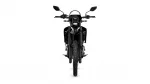 Front view of a black off-road motorcycle on a white background.