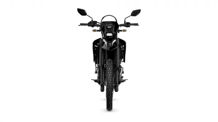 Front view of a black off-road motorcycle on a white background.