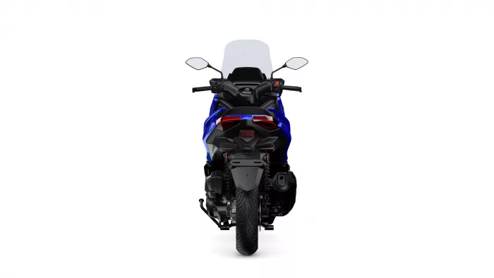 Rear view of a blue sport motorcycle, showing the windshield, taillights, and rear tire clearance from behind.