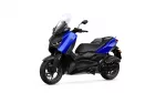 Blue Yamaha XMAX scooter shown from a three-quarter front angle with a tall windshield and black frame (isolated on white).