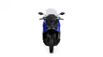 Front view of a blue and black sport motorcycle with a translucent windscreen, facing the camera.