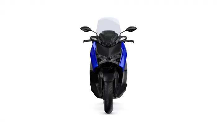 Front view of a blue and black sport motorcycle with a translucent windscreen, facing the camera.