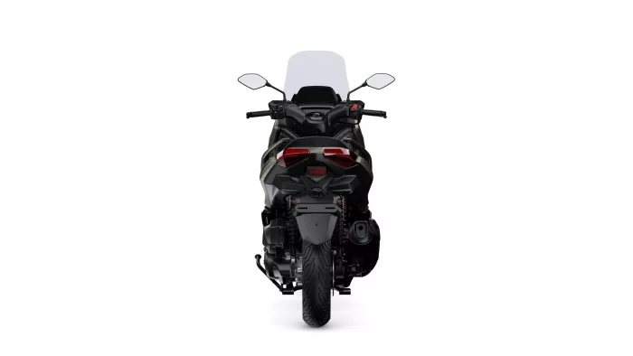 Rear view of a black sport motorcycle on a white background with prominent taillights