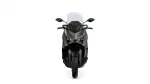 Front view of a dark-gray sport motorcycle with a tall windshield and mirrors on both sides.