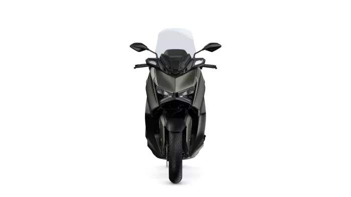 Front view of a dark-gray sport motorcycle with a tall windshield and mirrors on both sides.