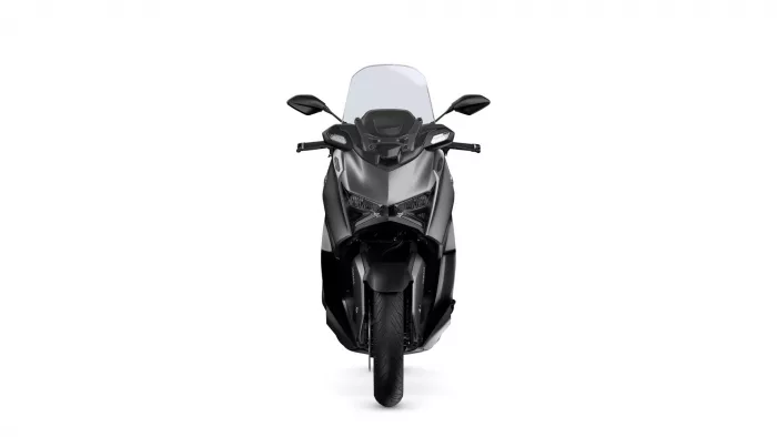 Front view of a black sport motorcycle with a clear windscreen and angular twin headlights