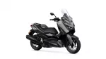 Black Yamaha XMAX sport scooter with a tall windshield viewed from the side and front