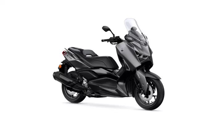 Black Yamaha XMAX sport scooter with a tall windshield viewed from the side and front