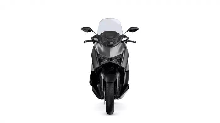 Front view of a black sport motorcycle with a clear windshield and angular headlights