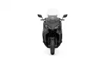 Front view of a black sport motorcycle with a clear windshield on a white background.