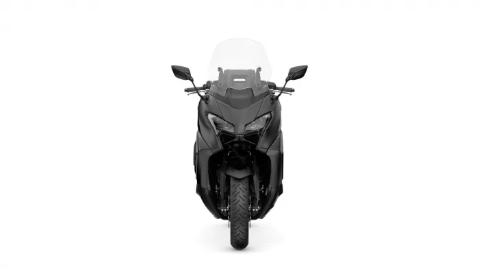 Front view of a black sport motorcycle with a clear windshield on a white background.