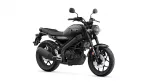 Black Yamaha motorcycle shown from a front-right angle, highlighting the round headlight and matte black finish on a white background.